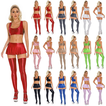 Womens Glossy Lingerie Sleeveless Crop Tank Tops Low Rise Miniskirt with Thigh High Stockings Pool Party Pole Dance Clubwear