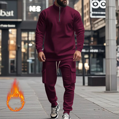 2024 autumn and winter men's casual velvet warm zipper sports trousers set