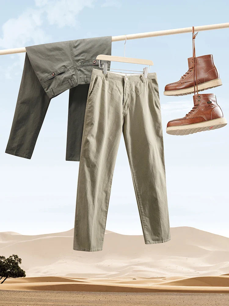 Cotton Pants Men's Straight Leisure Business Trousers Solid Autumn Winter Chinos Belted Pants Dad Elderly Formal Trousers