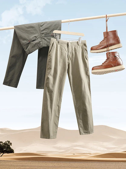 Cotton Pants Men's Straight Leisure Business Trousers Solid Autumn Winter Chinos Belted Pants Dad Elderly Formal Trousers