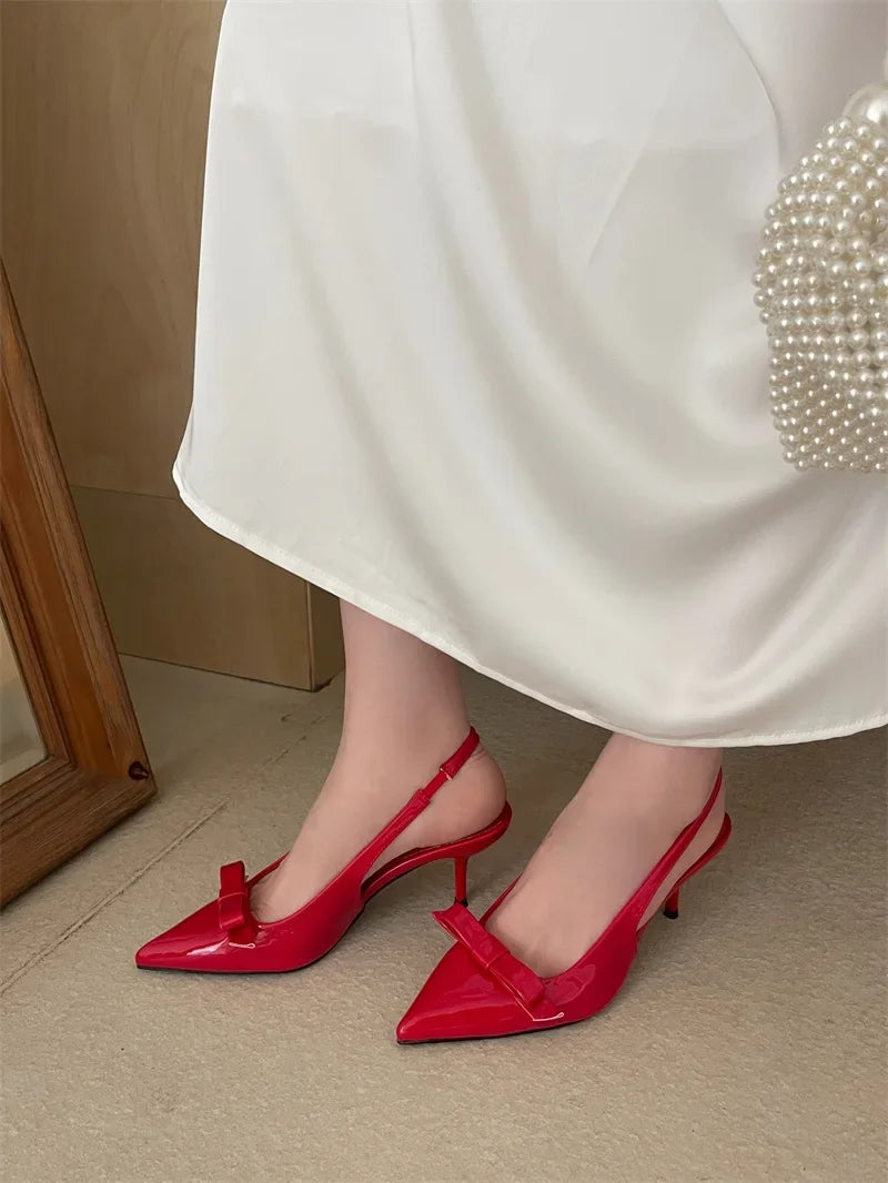 Big Size 43 Butterfly-knot Slingbacks Women Pumps Elegant Pointed Toe Thin Heels Shoes Sexy Banquet Zapatos De Mujer