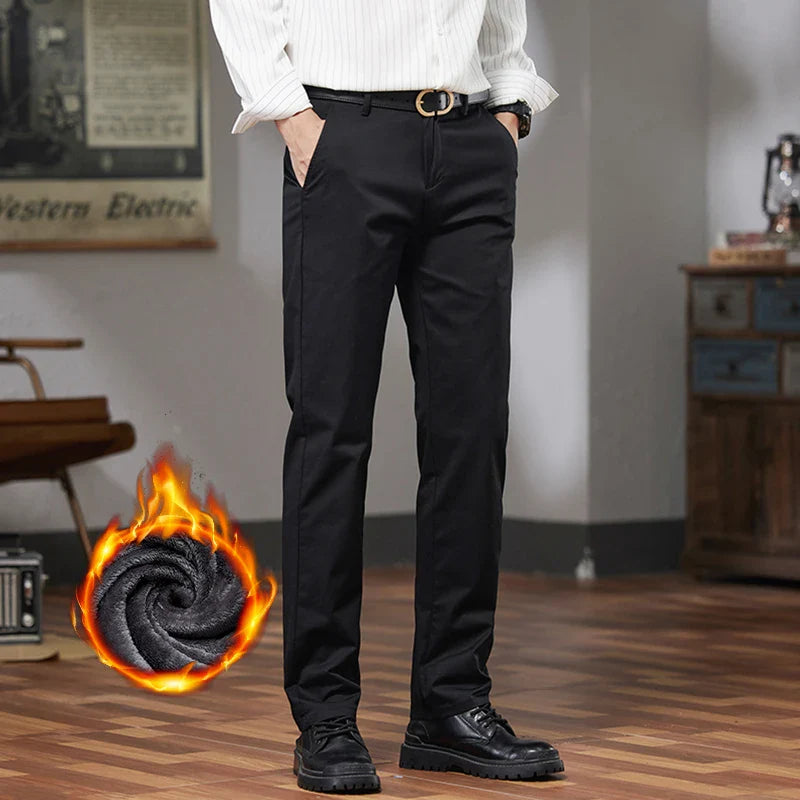 Fleece Winter Casual Pants Men Straight Stretch Soft Warm Velvet Trousers Comfortable Fashion Slim Plush Business Male Pants