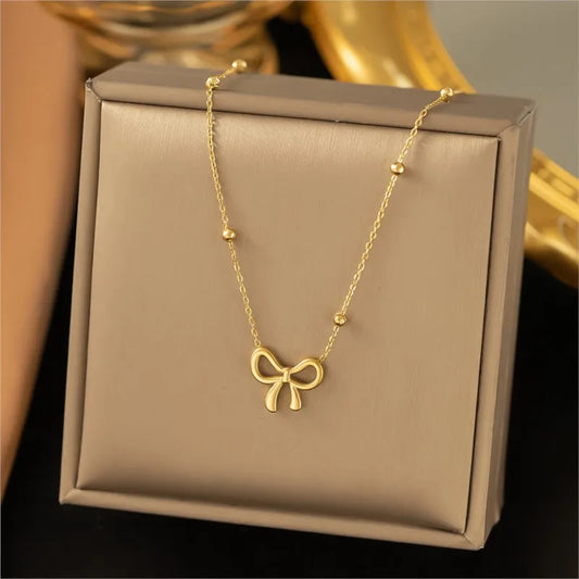 Stainless Steel Beads Chain Hollow Bowknot Pendant Necklace for Women Niche Simple Jewery Accessory