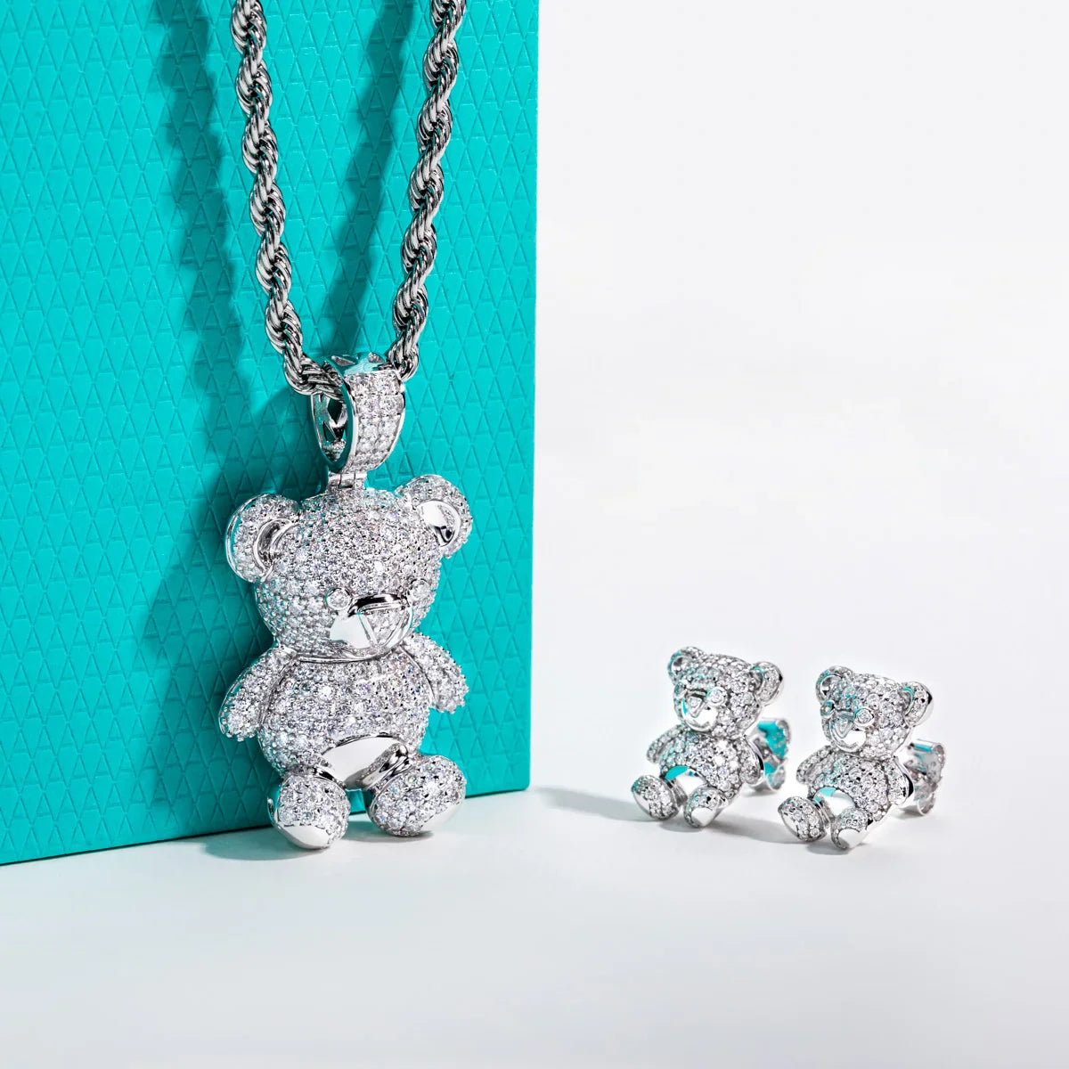 Moissanite Bear Pendant Necklace 925 Sterling Silver Iced Out Stud Earring New Age Hip Hop Jewelry Set for Women