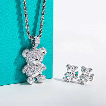 Moissanite Bear Pendant Necklace 925 Sterling Silver Iced Out Stud Earring New Age Hip Hop Jewelry Set for Women