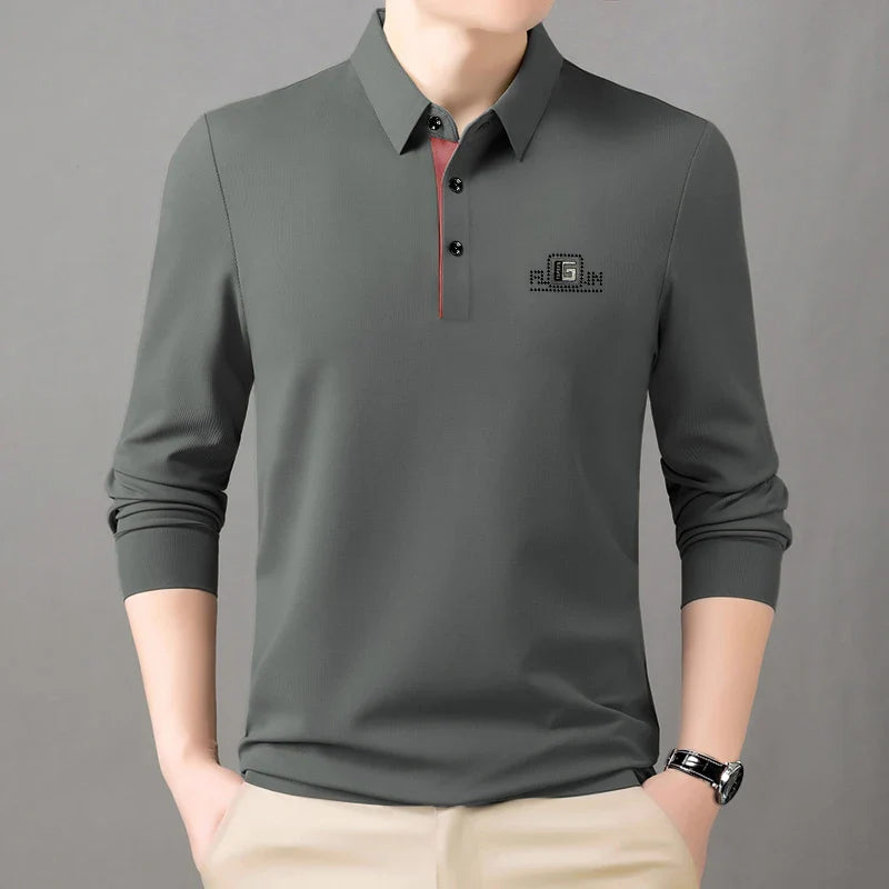 High End Brand Quality Men's Polo Shirt Autumn Exquisite Solid Color Letter Print Lapel Long Sleeve Business Classic Menswear