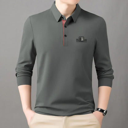High End Brand Quality Men's Polo Shirt Autumn Exquisite Solid Color Letter Print Lapel Long Sleeve Business Classic Menswear
