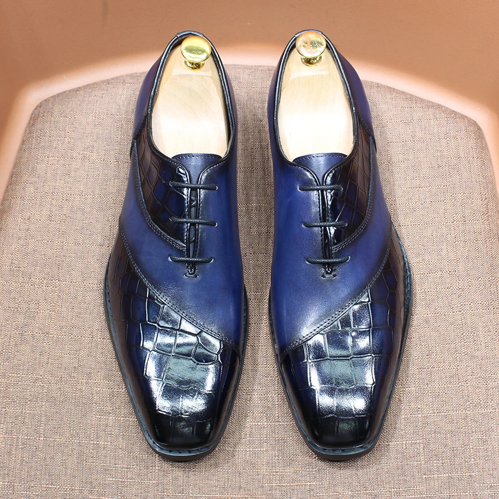 Fashion Mens Oxford Crocodile Pattern Cow Patent Leather Lace Up Wedding Party Office Formal Dress Shoes for Men Mixed Colors