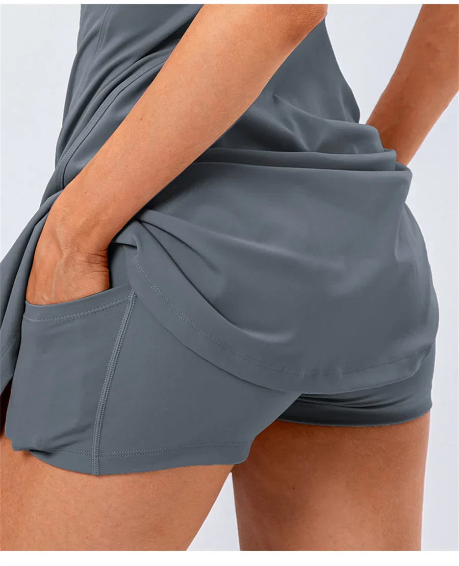 Tennis Dress Women With Separate Shorts Sleeveless Golf Sport Skirts Set with Pockets Training Running Fitness Female Badminton