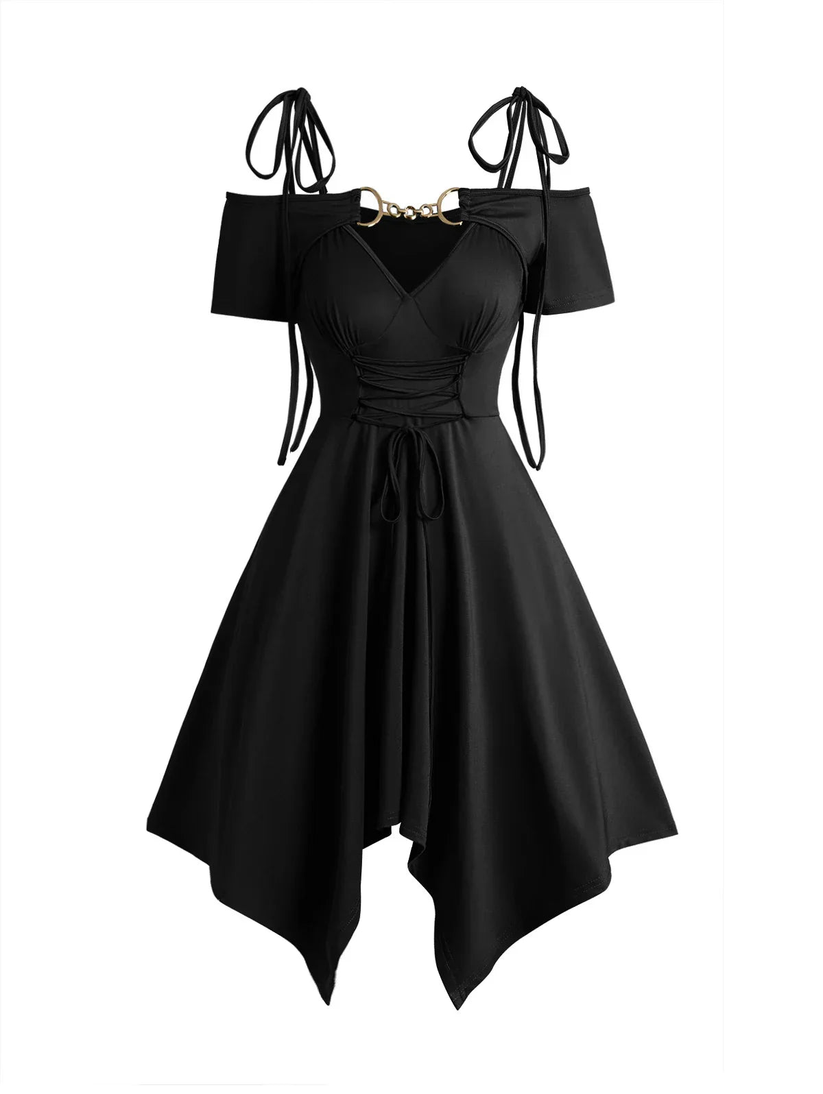 Women's Dress Cold Shoulder Lace Up Asymmetric Dress Tie Knot Shoulder Chain Solid Color Short Sleeve Dress