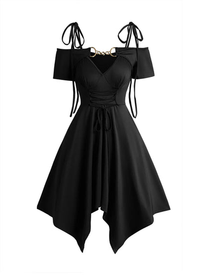 Women's Dress Cold Shoulder Lace Up Asymmetric Dress Tie Knot Shoulder Chain Solid Color Short Sleeve Dress