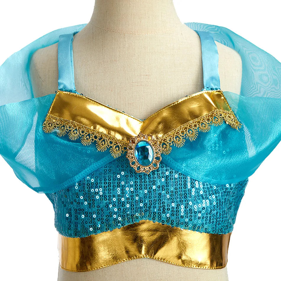 Kids Arabian Princess Dress Girls Halloween Jasmine Costume Children Carnival Cosplay Party Disguise Girl Sequins Pageant Outfit