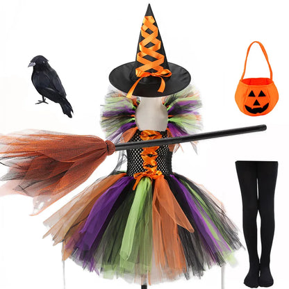 2 Pieces Witch Tutu Dress with Hat Girls All Saint's Day Bruja Wizard Costume Role Play Toddler Halloween Party Fairy Witch Gown