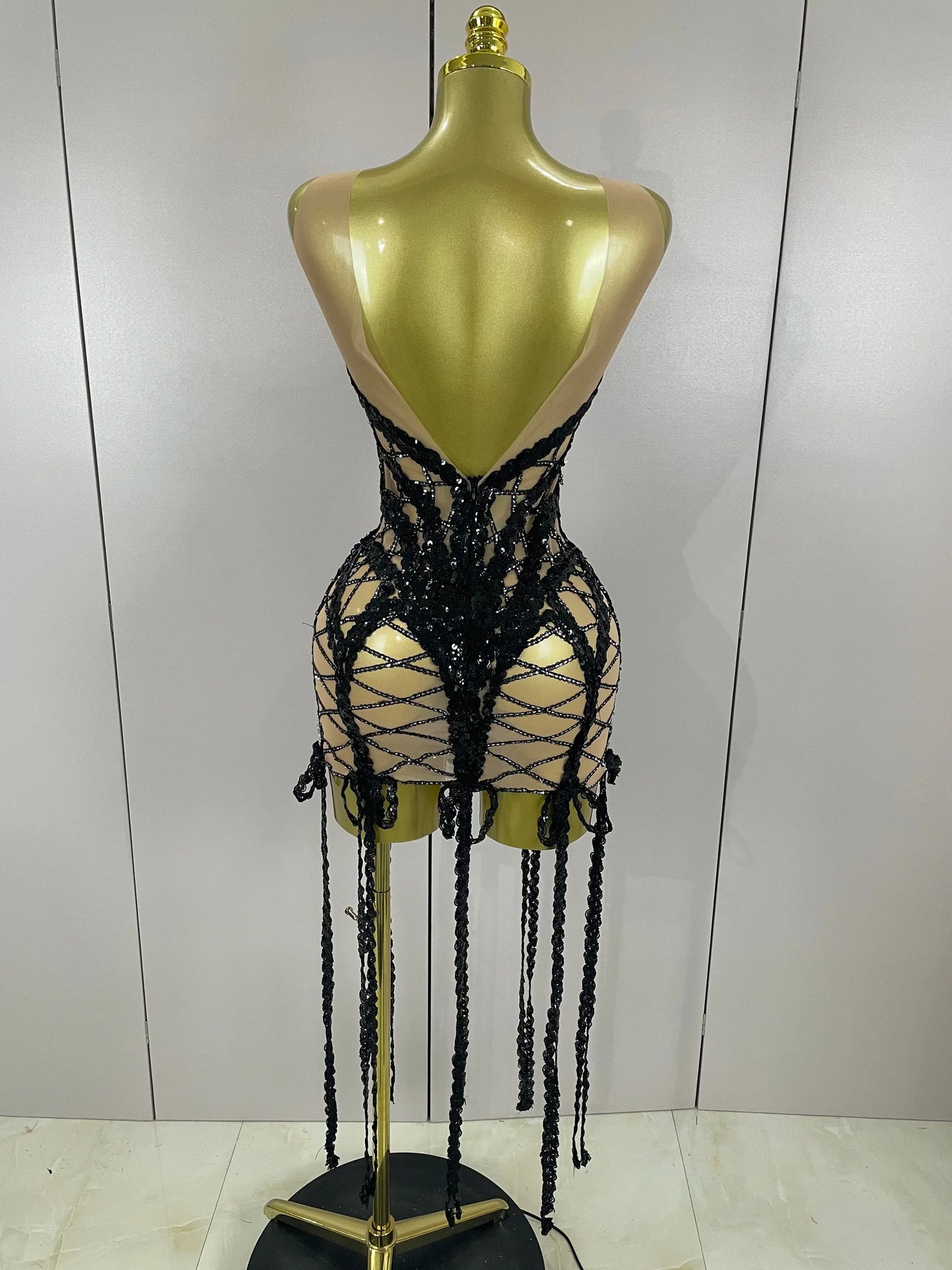 Sparkle Sequins Embroider Sparking Diamonds Long Tassel Sleeveless Mini Dress Women Red Carpet Goddess Stage Performance Costume