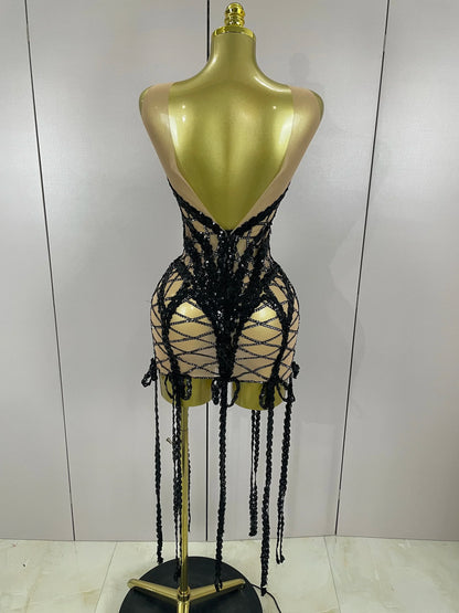 Sparkle Sequins Embroider Sparking Diamonds Long Tassel Sleeveless Mini Dress Women Red Carpet Goddess Stage Performance Costume