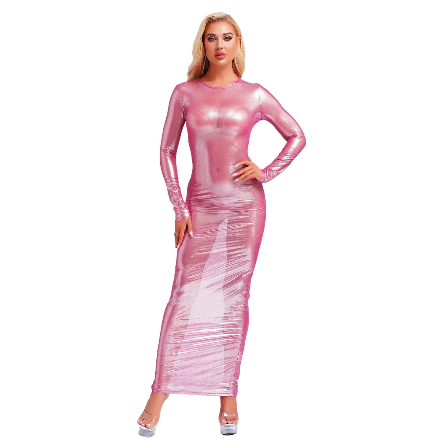 Womens Shiny Metallic Sheer Long Dress See Through Long Sleeve Bodycon Maxi Dress Cover Ups Rave Party Night Club Wear Underwear