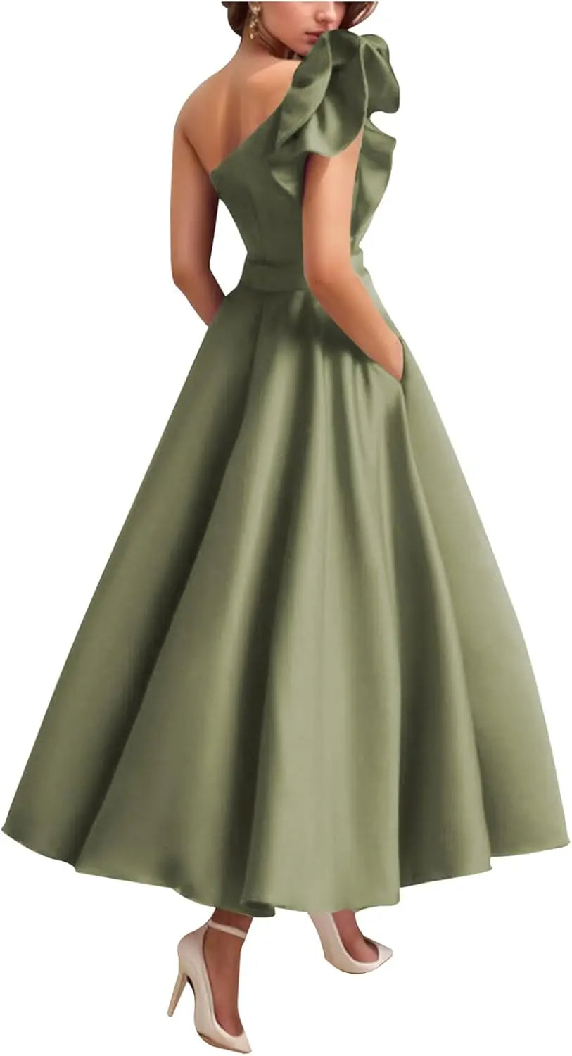 Women's One Shoulder Elegant Evening Dress with Pockets Satin Tea Length A Line Formal Wedding Guest Dress Prom Dresses