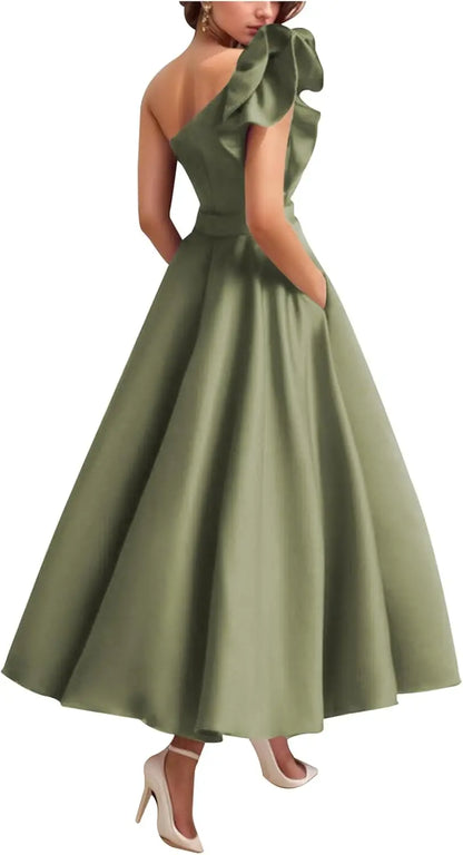 Women's One Shoulder Elegant Evening Dress with Pockets Satin Tea Length A Line Formal Wedding Guest Dress Prom Dresses