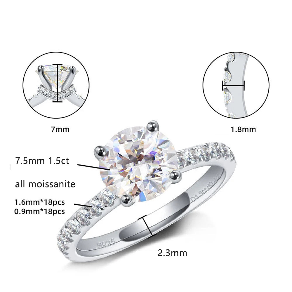 1.5ct Moissanite Rings for Women GRA Certified Diamond Jewelry s925 Sterling Silver 18k Plated Engagement Wedding Ring