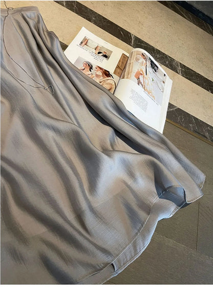 French fashion senior sense half skirt women's summer small A-line silk skirt thin high waist knitted slimming long skirt