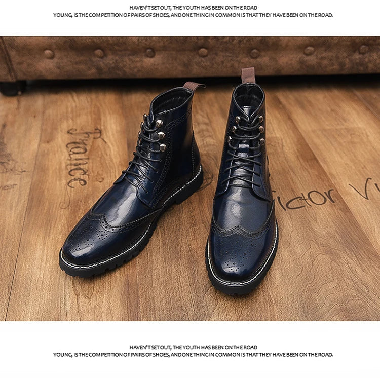 Men Lace-up High Top Brogue Carved Business Boots