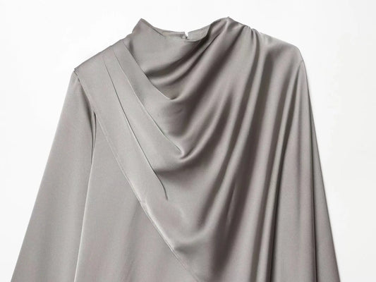 2026 Spring new women's elegant fashion shawl design satin drape top asymmetric wrinkled long-sleeved shirt