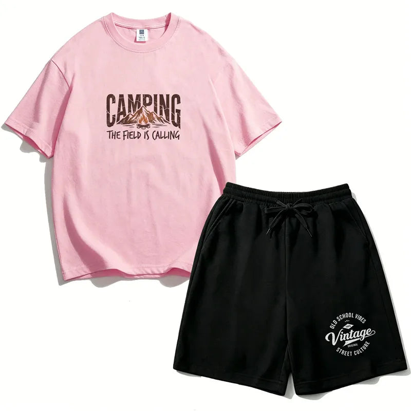 Boys 2PCS Cotton Outfit Set Mountain Print Short Sleeve Tee + Elastic Waist Shorts Camping Summer Set LH21