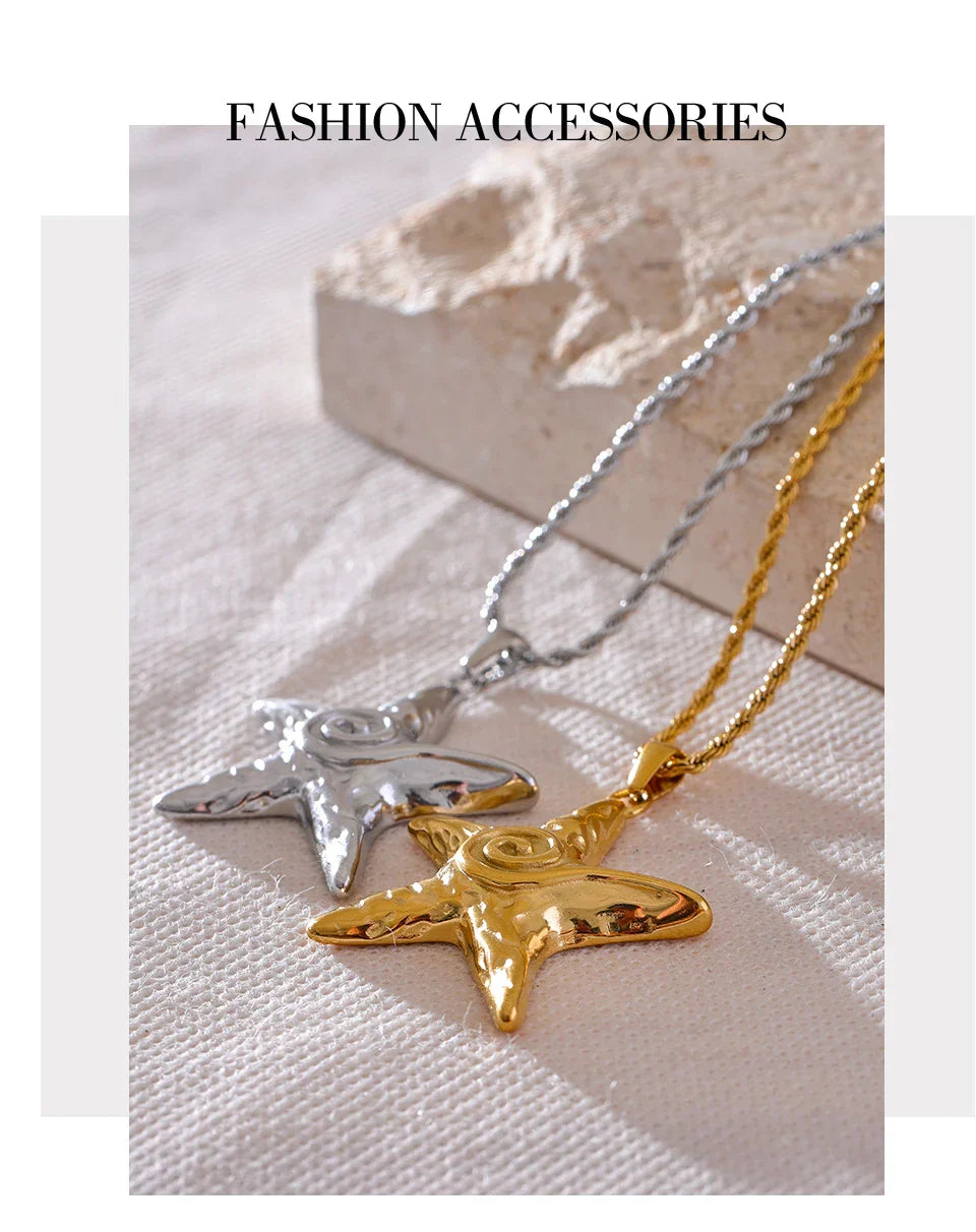 316L Stainless Steel Starfish Pendant Necklace Rust Proof Statement 18K Gold PVD Plated Individualistic Holiday Jewelry