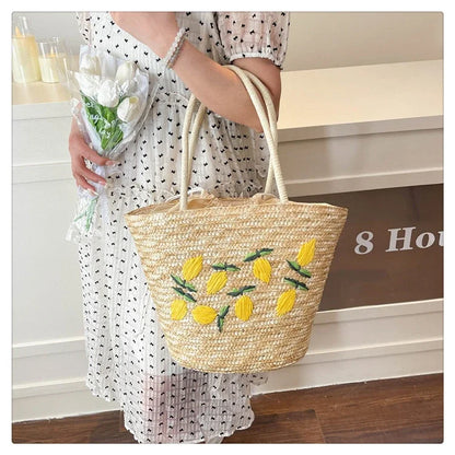 Embroidery Fruit Solid Color Shoulder Bag Straw Woven Hollow Versatile 2025 High Quality Bags for Women New Beach Handbags