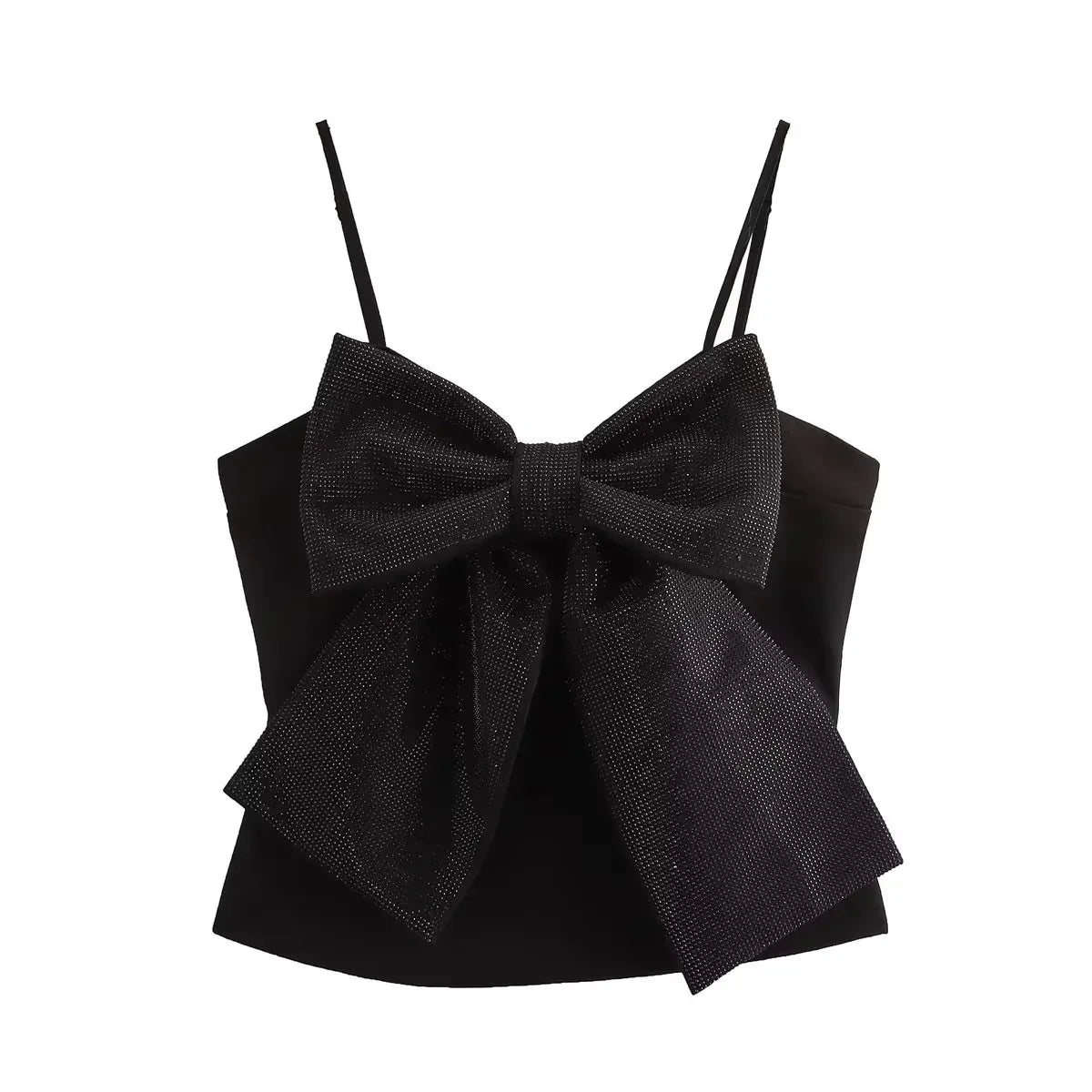 Sequined Bow Women Sling Top Sexy Backless Crop Top Pleated Zippers Female Tank Tops 2025 Spring Lady Streetwear Tops