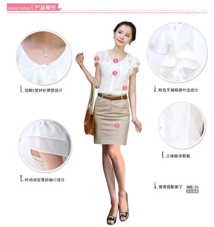 1pcs Woman Summer Korean Ruffled Shirt Lady Chiffon Lotus Leaf Sleeves Turndown Collar Slim Fit Shirt Female Business Attire Top