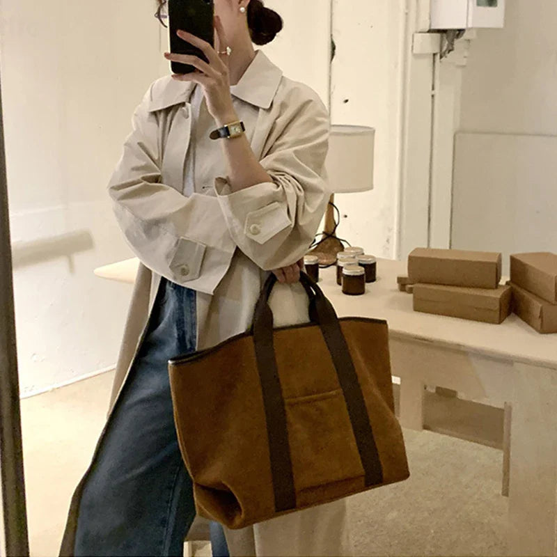 Vintage Suede Large Capacity Handbag Simple All-match Fashion Tote Bags Design Casual Top Handle Shoulder Bag For Women