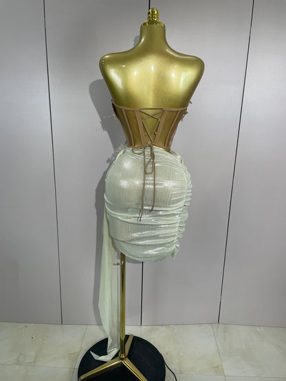 Luxury Shining Pearls Sexy Asymmetrical Skirt 2 PCS Set 2025 Women Evening Birthday Party Stage Dancer Performance Costume