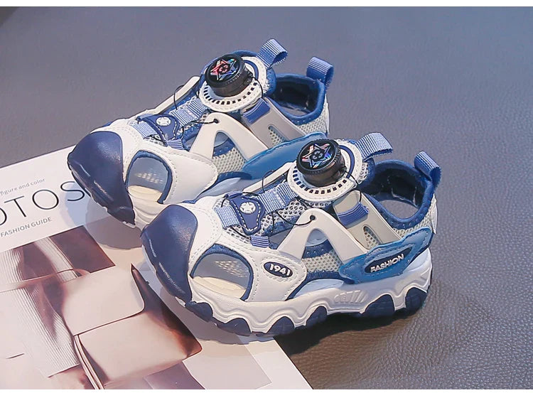 Kids Shoes Rotating Button Closed-Toe Boys Sandals Breathable Mesh Sport Shoes for Boys, Non-Slip Children Summer Sneakers