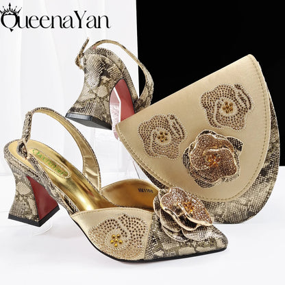 Premium Ladies Party Shoes and Bag Comfortable New Square Heels with Hand Bag For Wedding Or Work
