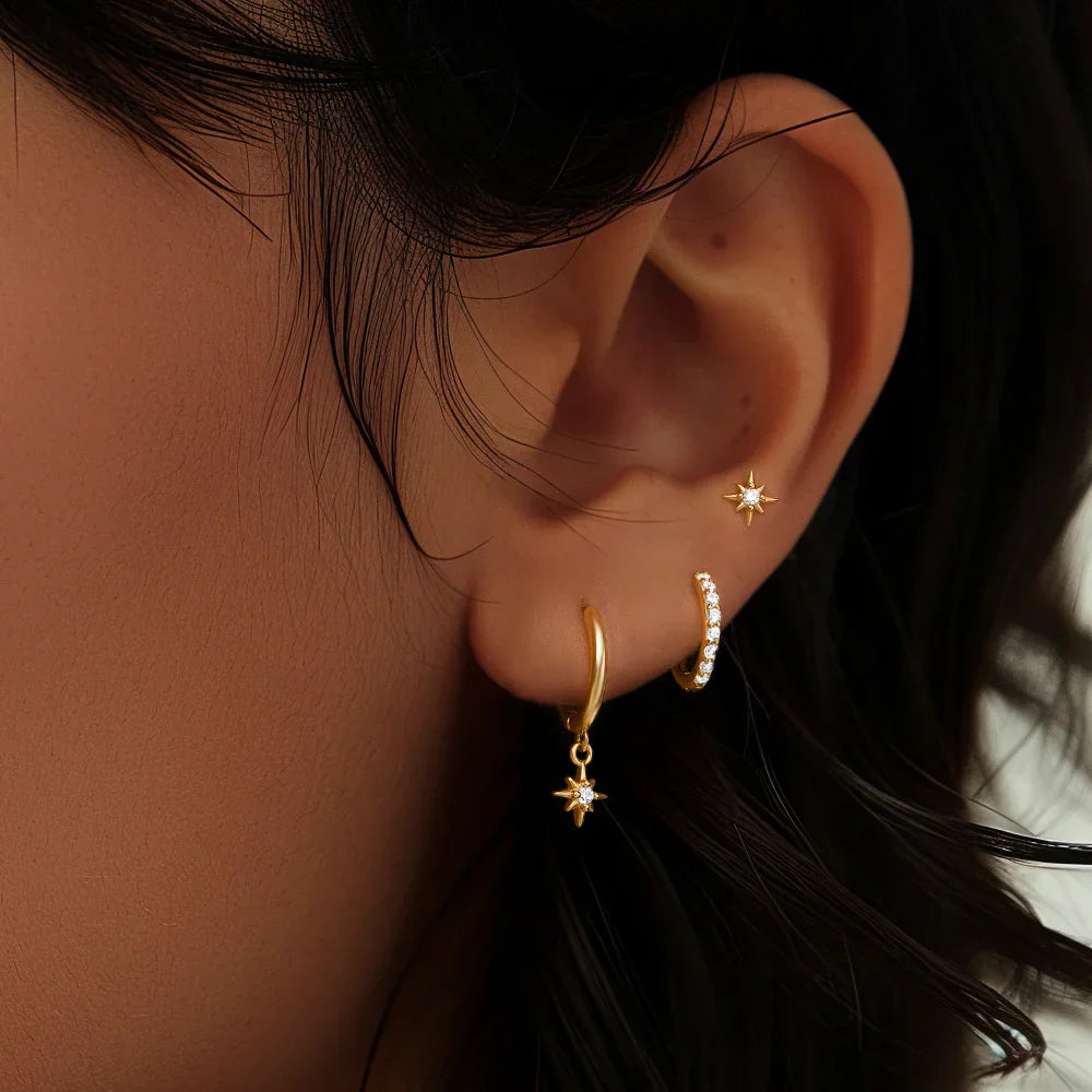 925 Sterling Silver 3pcs 4pcs Set Zircon Stud Earrings 18k Gold Star Minimalism Huggies Earring Fine Jewelly Set Party Gift