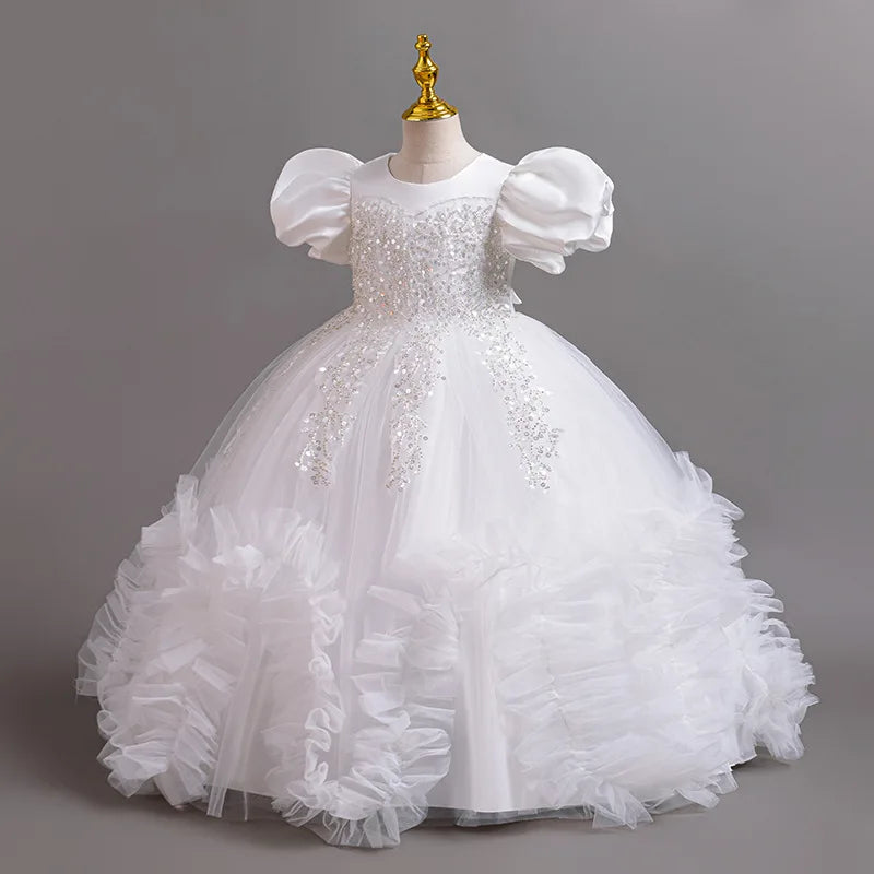 Vestidos elegantes para meninas, vestidos de verão para casamento, vestidos de lantejoulas com saia bufante de rede, vestidos de festa de aniversário para crianças de 4 a 12 anos.