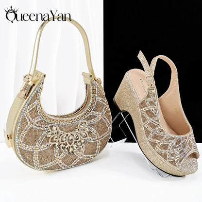 African Shoe and Bag Set for Wedding Women Shoes and Bag To Match Set with Rhinestone Italy Pumps Women Shoes Luxury