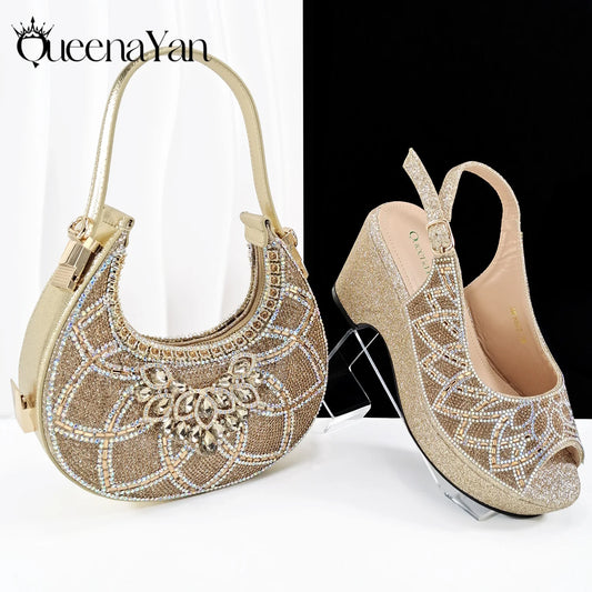 African Shoe and Bag Set for Wedding Women Shoes and Bag To Match Set with Rhinestone Italy Pumps Women Shoes Luxury