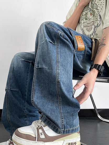Men's Cargo Jeans with 5 Pockets Spring Summer All-Day Wide Leg Straight Baggy Jeans Brushed Warm Denim Pants Asian Size L-6XL