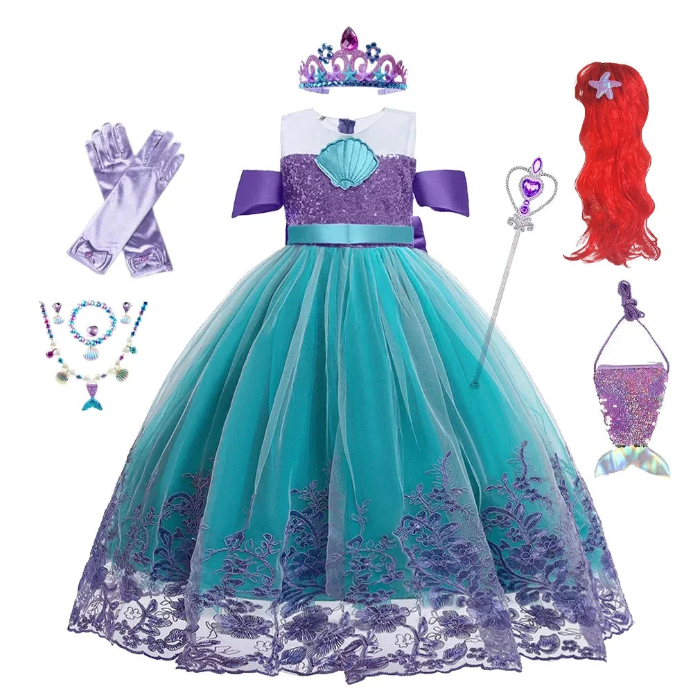 Vestido Ariel Pequena Sereia Princesa Fofa Menina Fantasia Cosplay Infantil Roupa de Festa Aniversário Halloween Vestido de Verão Menina
