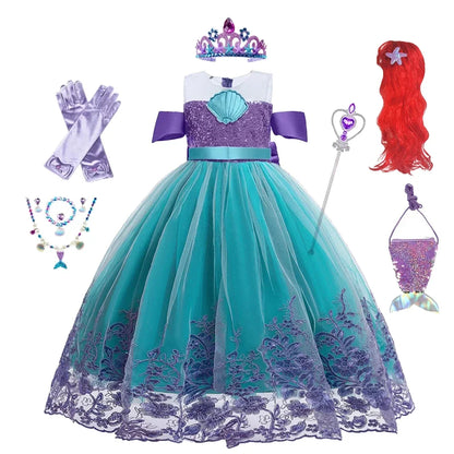 Vestido Ariel Pequena Sereia Princesa Fofa Menina Fantasia Cosplay Infantil Roupa de Festa Aniversário Halloween Vestido de Verão Menina