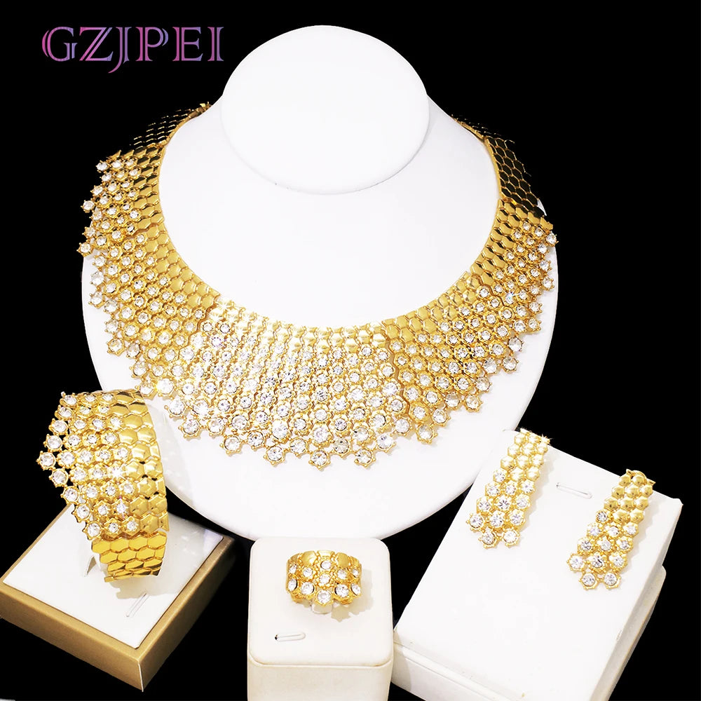 Shiny White Zircon Jewelry Set Italy Nigeria Wedding Jewellery 18K Gold Plated Big Necklace Bracelet Long Drop Earring
