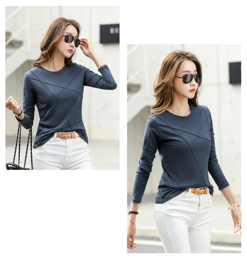 2026 Spring Long Sleeve Women O-Neck Bamboo Cotton T-Shirt Elegant Loose Ribbed Fashion Tee Shirt Ladies Simple Tops