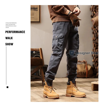Brand Clothing 2026 Spring Summer Men's Baggy Cargo Pants Multi-Pocket Work Joggers Casual Cotton Tapered Trousers Long Pants
