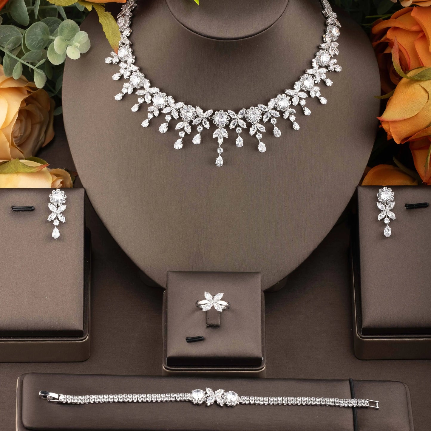 Leaf Water Drop 4pcs Necklace Pendant Set for Women Cubic Zirconia Dubia Nigeria Bridal Wedding Jewelry Set Bijoux S-351