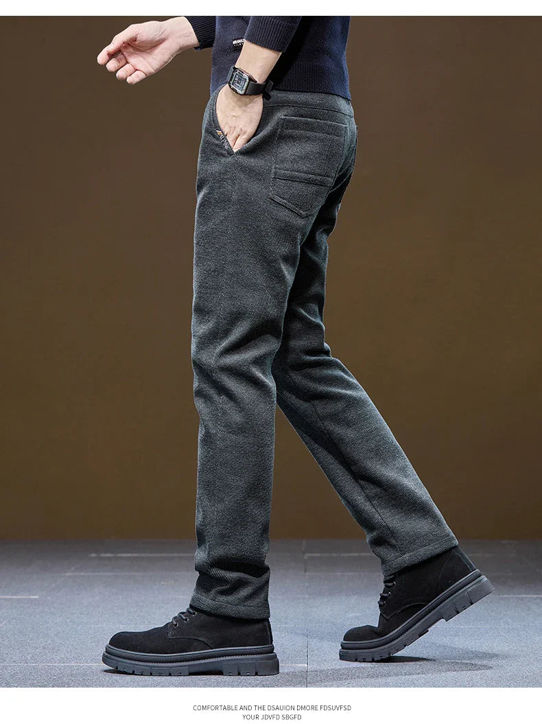 Men's Winter Casual Pants Thick Fleece Warm Elastic Waist Straight Slim Trousers Light Business Comfort Daily Wear Thermal Pants