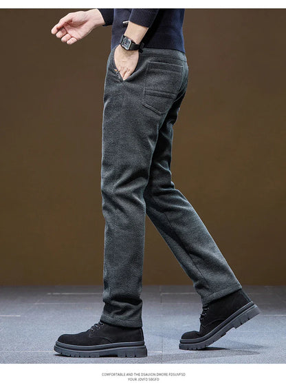 Men's Winter Casual Pants Thick Fleece Warm Elastic Waist Straight Slim Trousers Light Business Comfort Daily Wear Thermal Pants