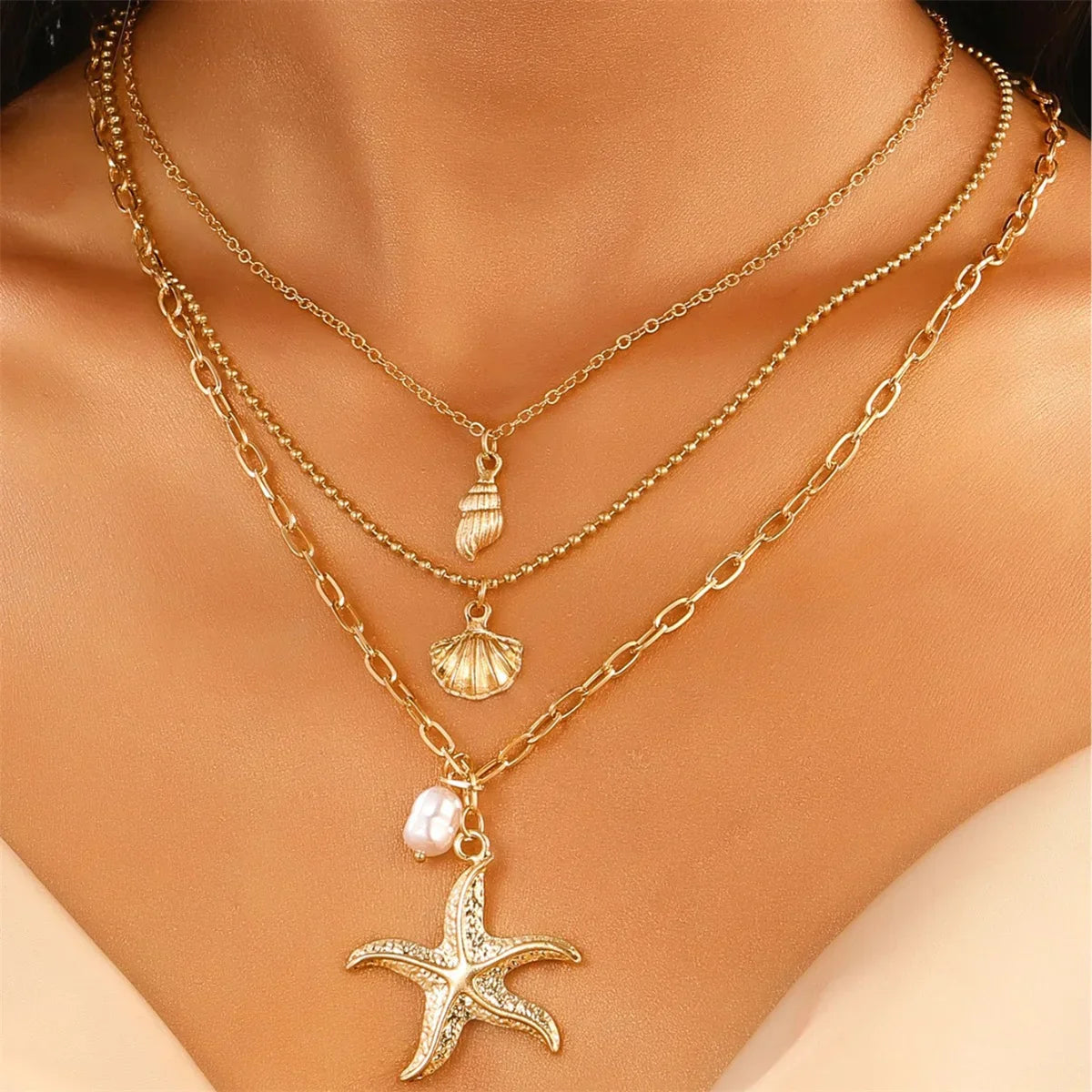 Women's 316L Stainless Steel Starfish Conch Shell Pearl Pendant Necklace 3-in-1 Choker Chain Jewelry Gift
