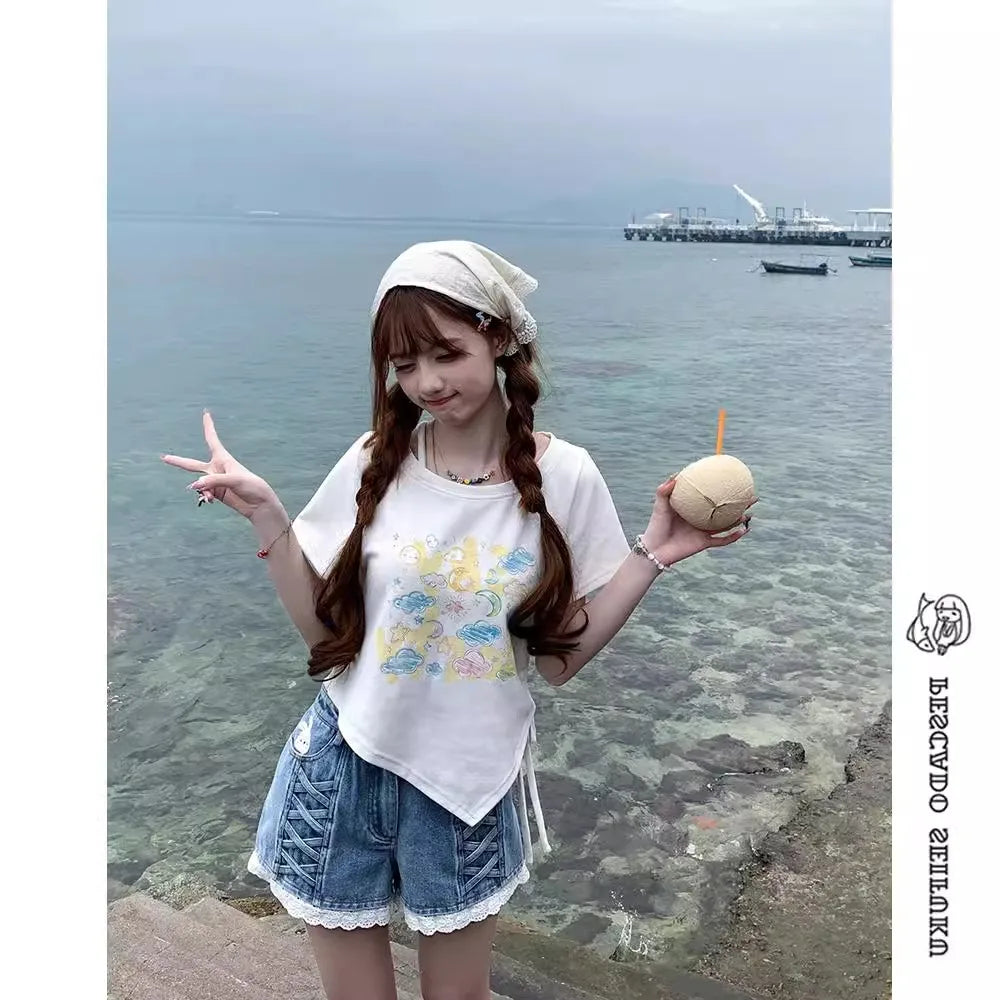 Fashion Sweet Denim Shorts Cartoon Embroidery Lace Patchwork High Waist Jeans Summer All Match Preppy Style 2025 Women Clothing